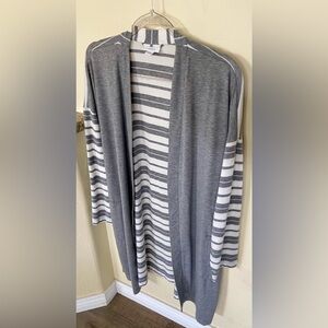 J. Jill pure women’s size large gray & white stripped long cardigan tencel blend
